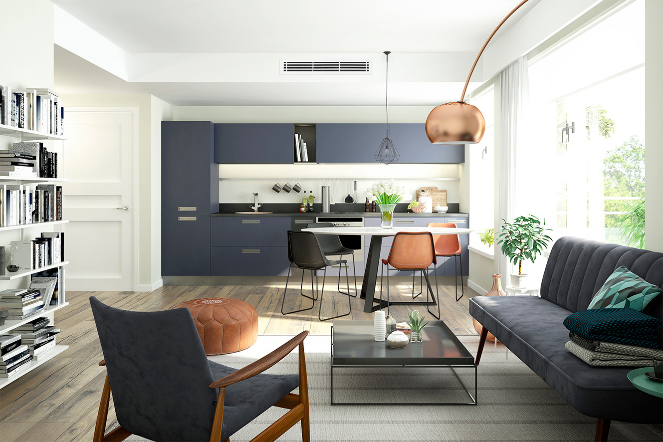 Climatisation gainable Mitsubishi Electric : grille de soufflage discrète au plafond d'une pièce de vie