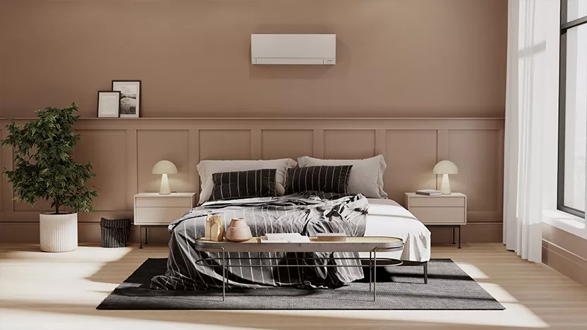 Image qui montre une chambre avec un climatiseur Mitsubishi Electric 